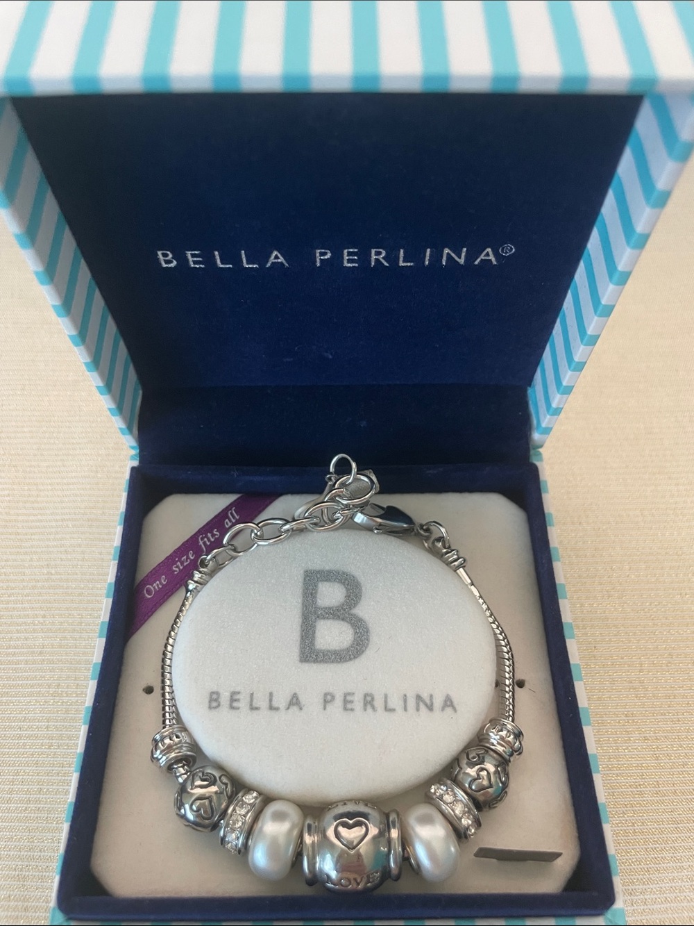 Bella Perlina Silver Tone Heart & Pearl Charm Bracelet